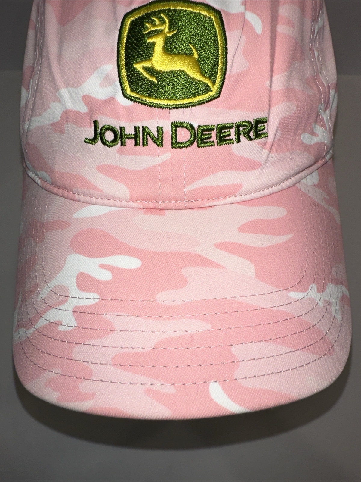 John Deere Green Yellow Patch Hat Cap on Pink Camouflage Hook Loop Ahead Brand