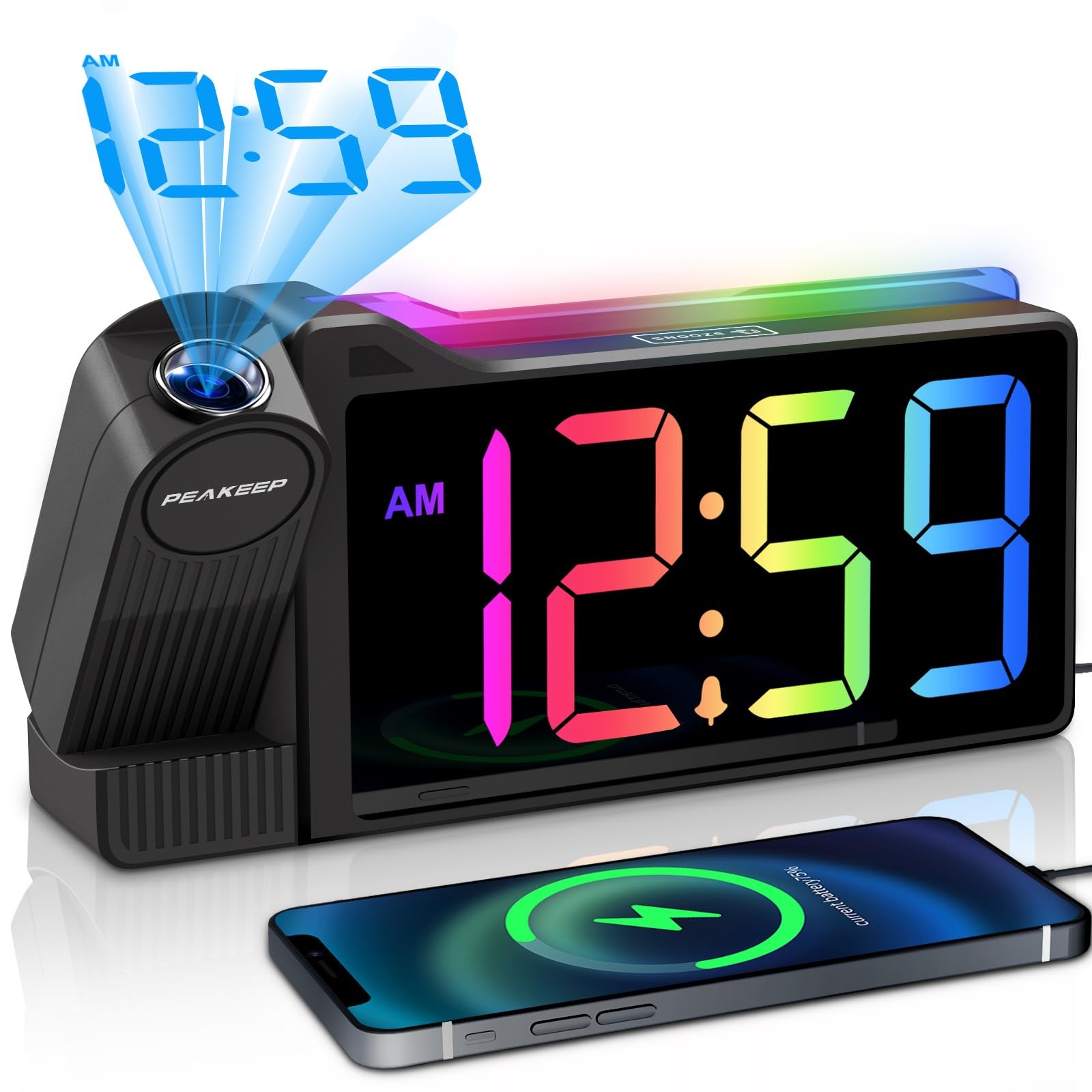 Projection Alarm Clock for Bedroom Ceiling, Loud for Heavy Sleepers RGB