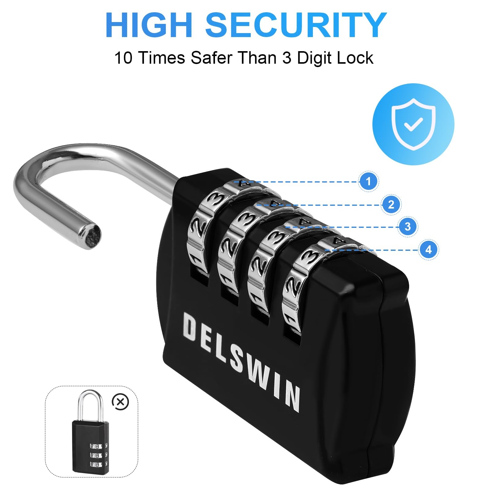 DELSWIN Small Combination Lock for Locker, 4-Digit 4 Pieces, Charcoal Black