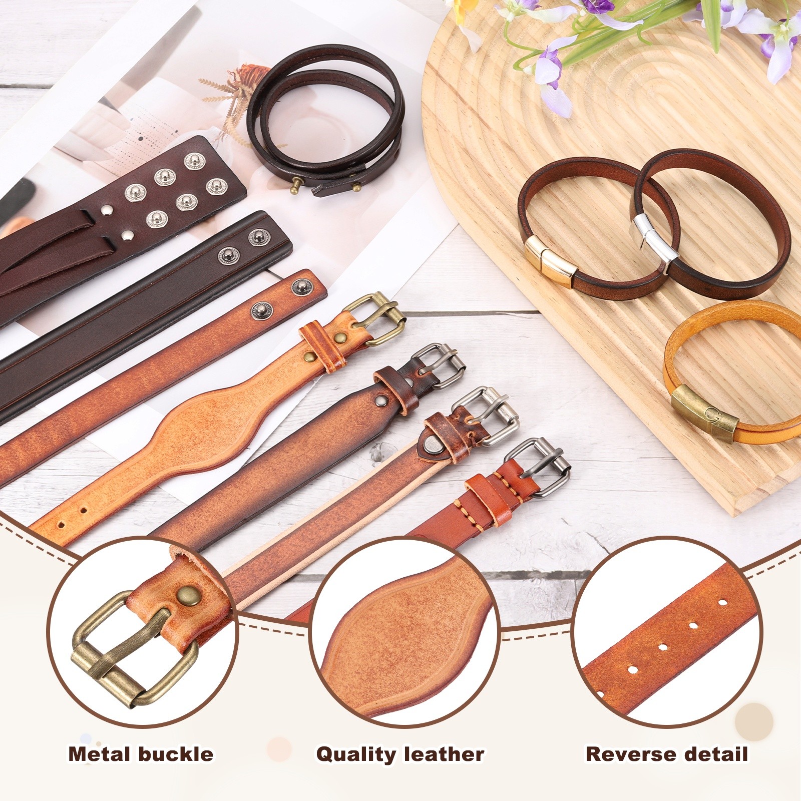 2Pcs Plain Leather Bracelets Buckle Bangle,Brown Black Retro Bracelets