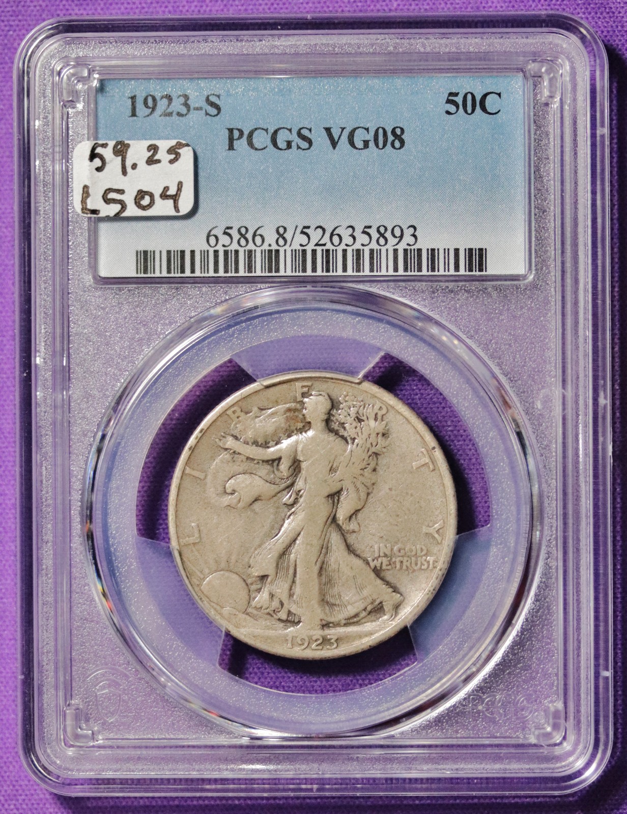 1923-s Walking Liberty Half.   In PCGS Holder.  VG08.  L504