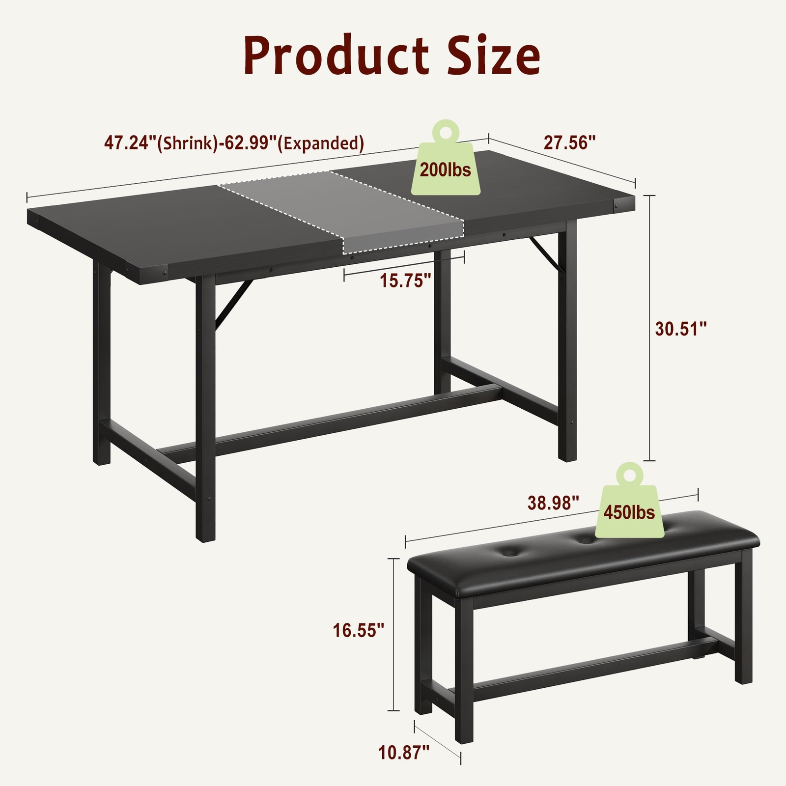 3pcs Dining Table Set ,Extendable Kitchen Table and 2 Upholstered Benches Dinner