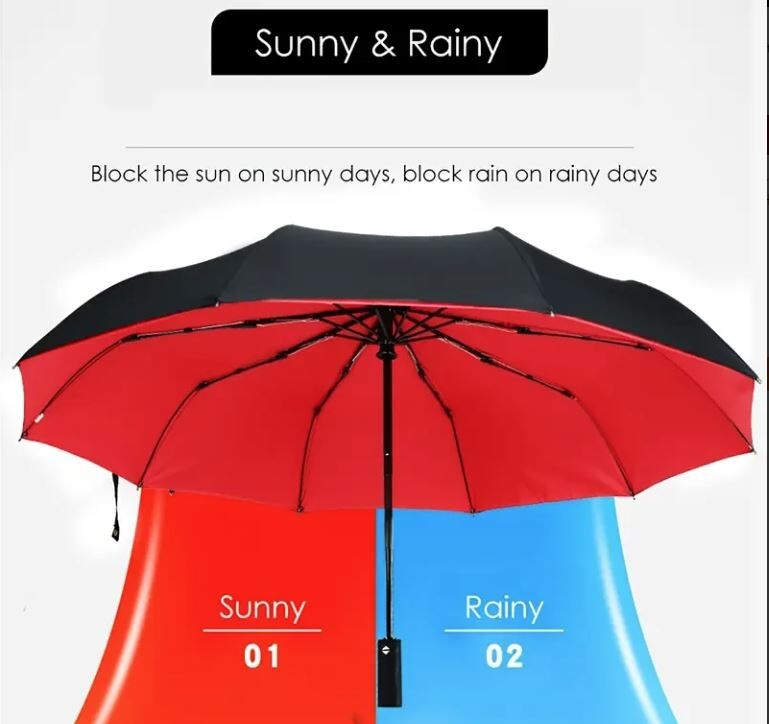 Black/Red Automatic Umbrella Anti-UV Sun Rain Windproof 3-Folding Compact