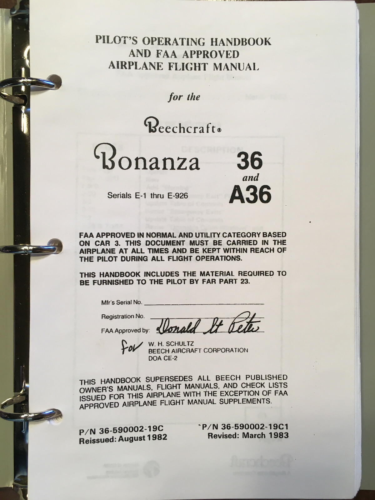 Beechcraft Bonanza 36 & A36 Pilot's Operating Manual, sn E-1 thru E-926