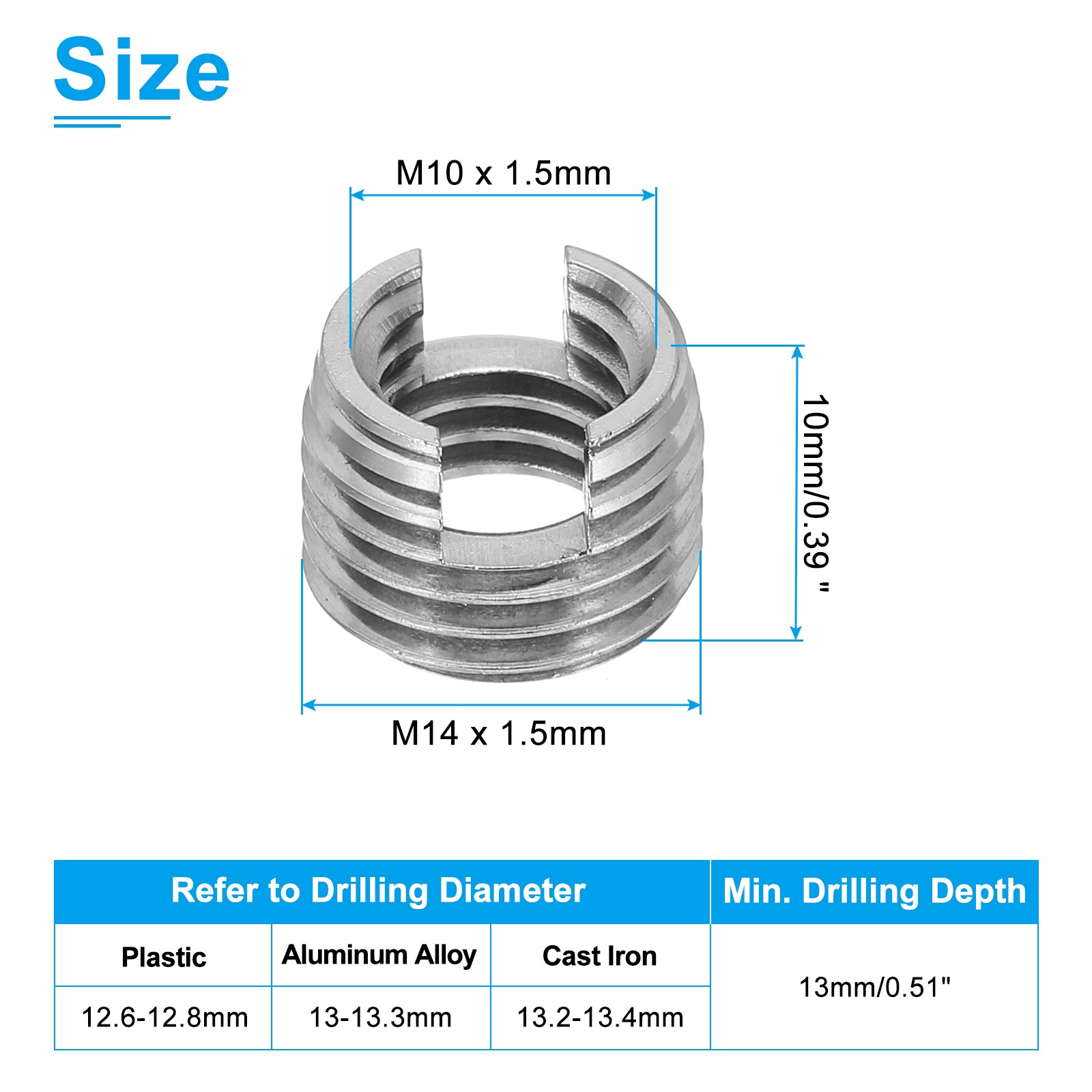 10 Pcs 303 Stainless Steel M10 x M14 x 10mm Self-Tapping Threaded Inserts
