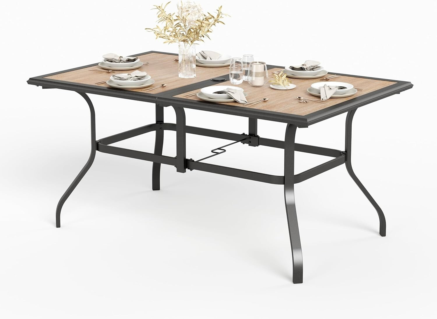 60''Patio Dining Table for 6 Person Outdoor Table with Umbrella Hole Rectangular