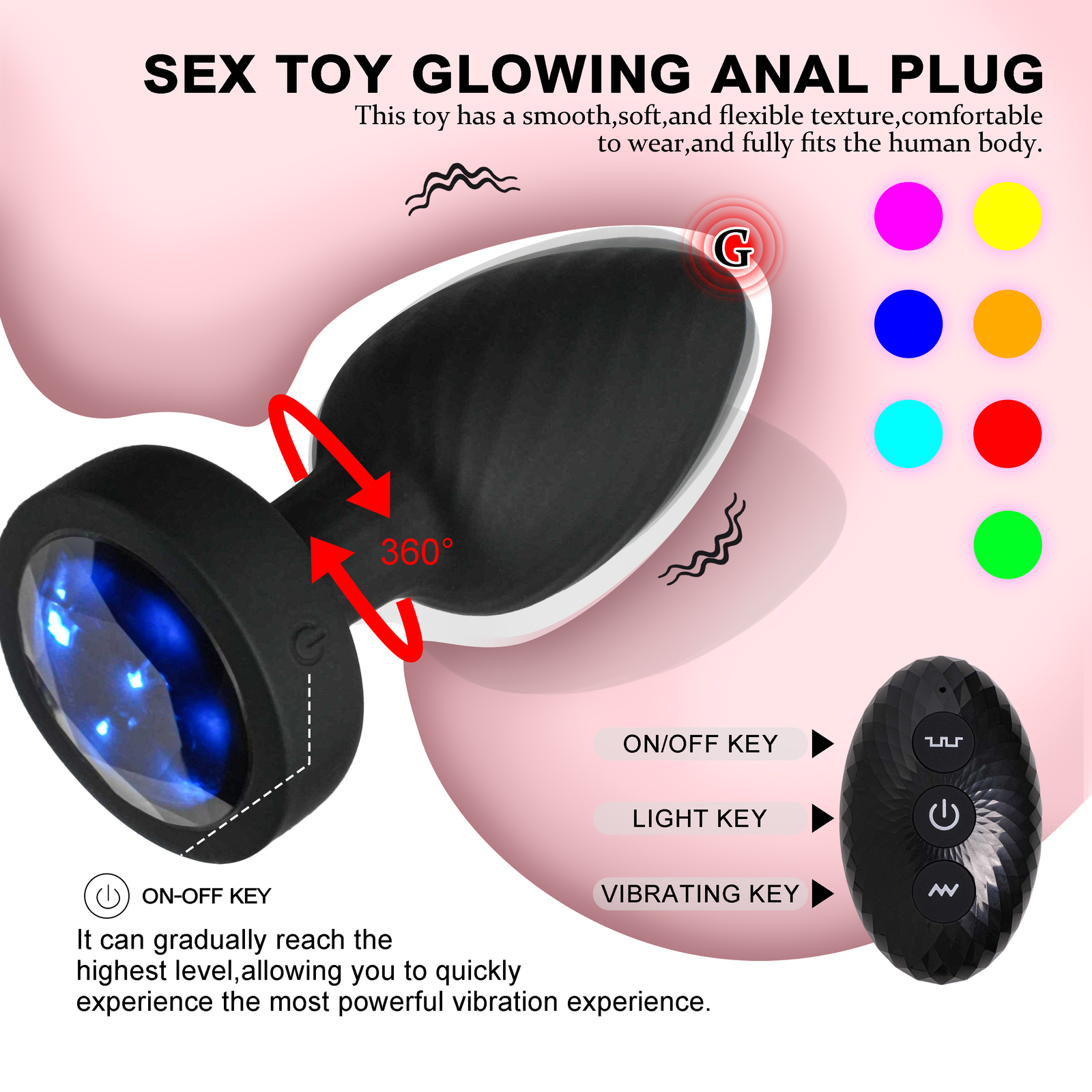 360° Rotation Vibrating Butt Plug Prostate Massager with LED Anus SexToy for Man