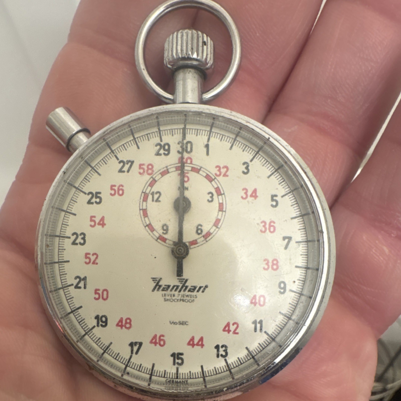 Hanhart Shockproof Antimagnetic Waterprotected stopwatch 1/10s 7 jewel Germany
