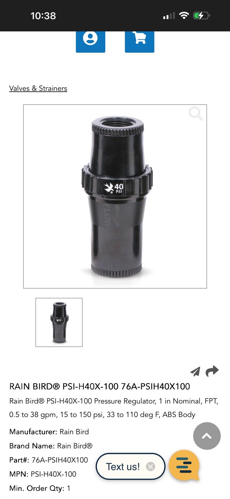 Rain Bird PSIH40X100 High Flow Pressure Regulator 1 in FPT x FPT 40 PSI,new 1pc