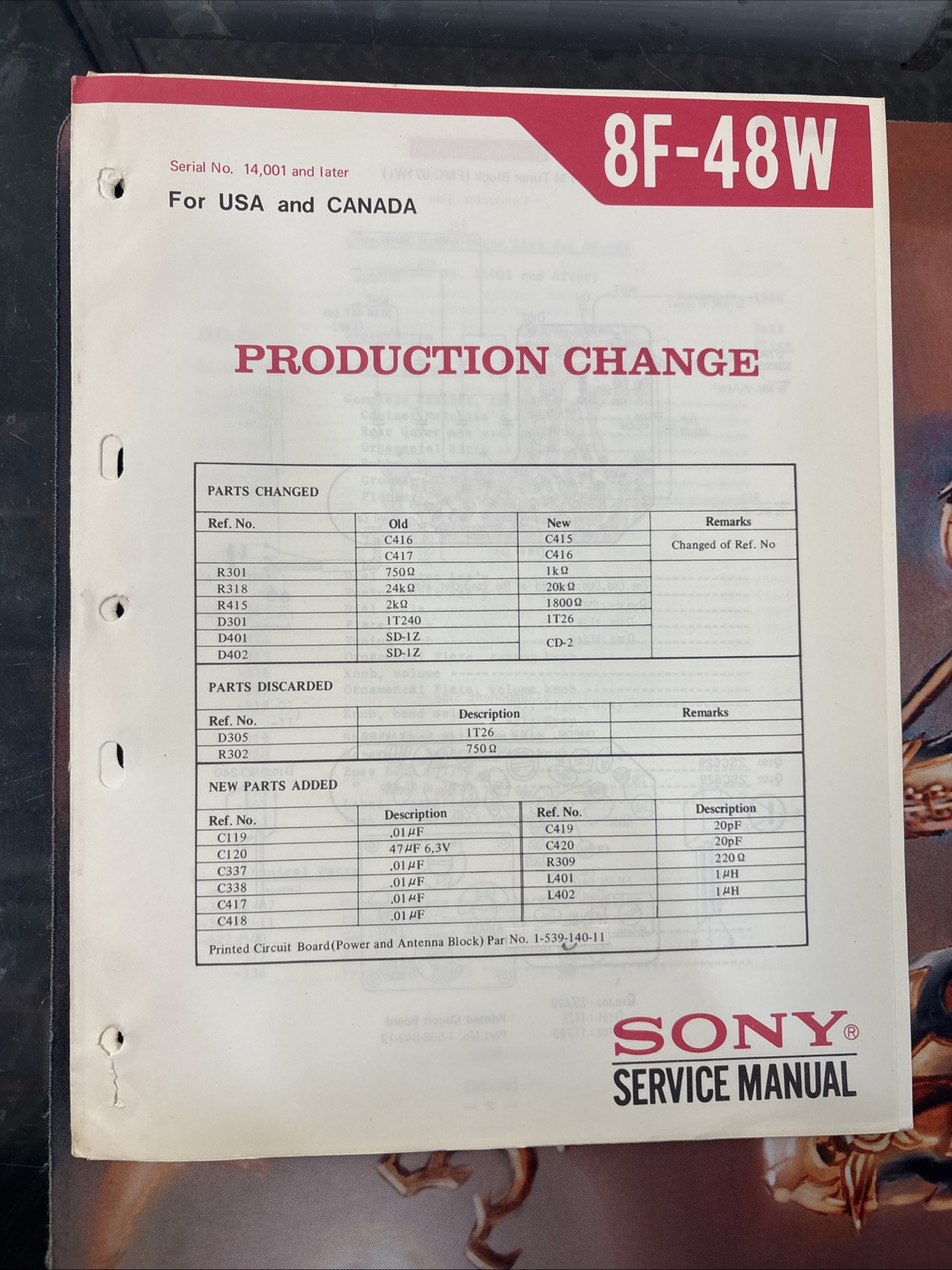 Sony 8F-48W Production Change Original Service Manual