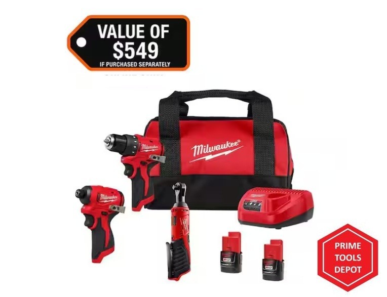 Milwaukee 3494-23R M12 Subcompact Brushless 2-Tool Combo Kit + 3/8" Ratchet, NEW