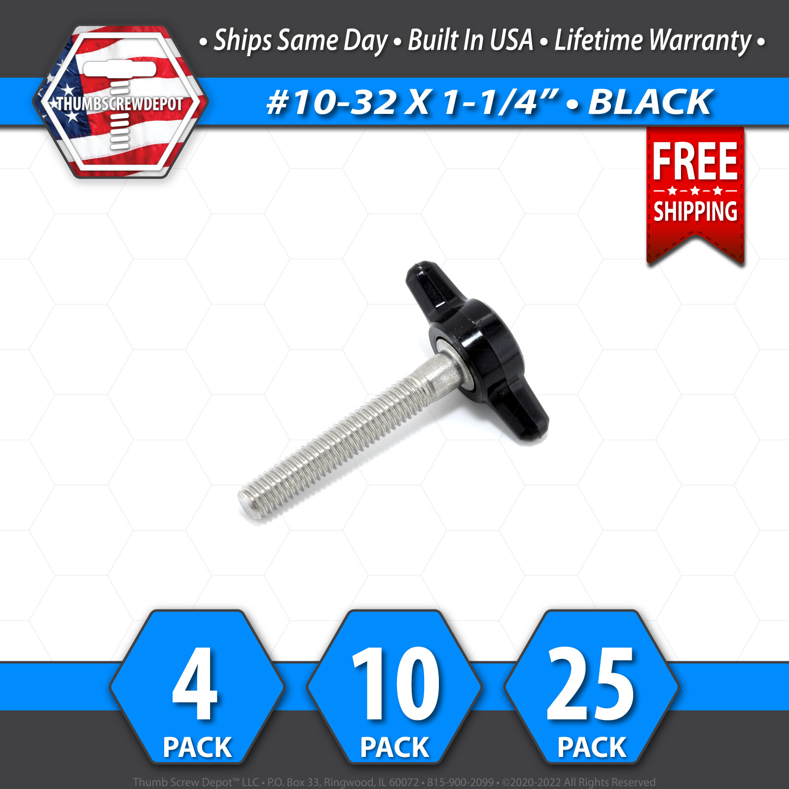 #10-32 x 1-1/4" Thumb Screw Stainless Steel - Black Tee / Wing Knob - USA