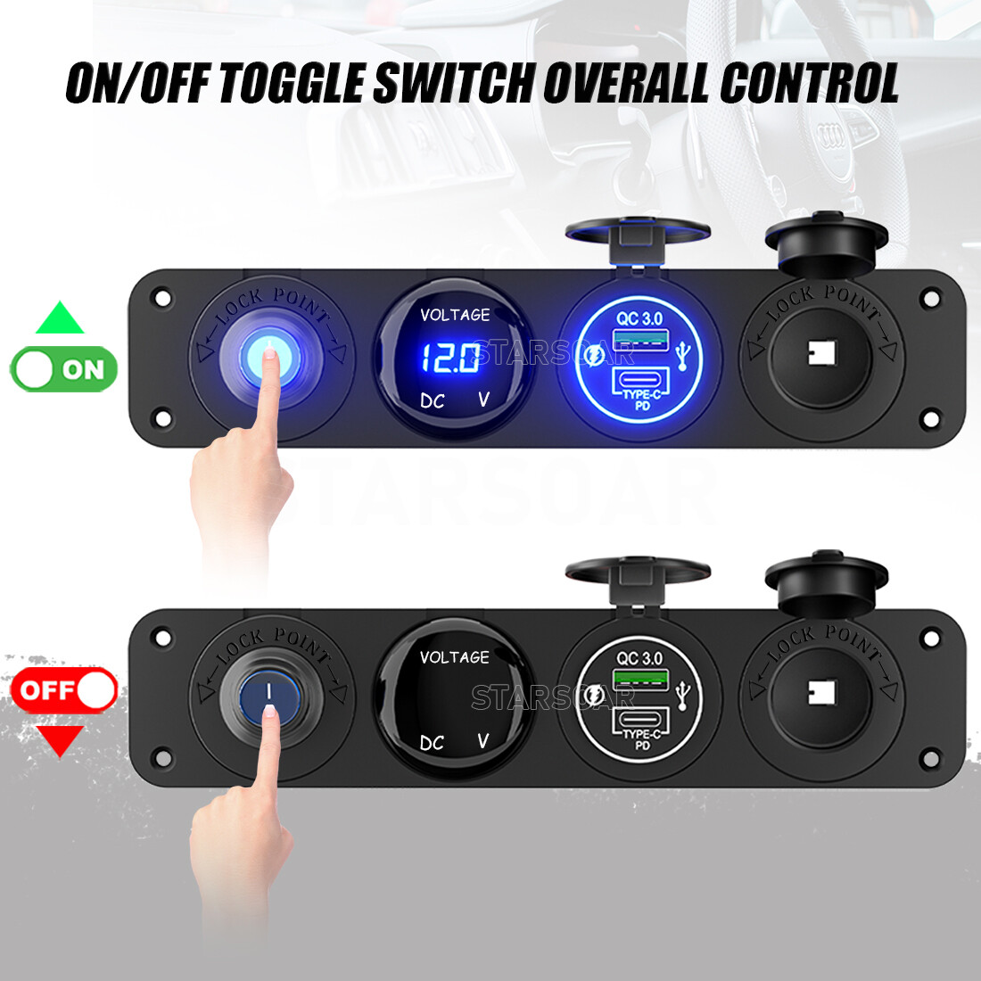 4 in 1 Blue Rocker Switch Panel LED Voltmeter,Charger,USB Cigarette Lighter