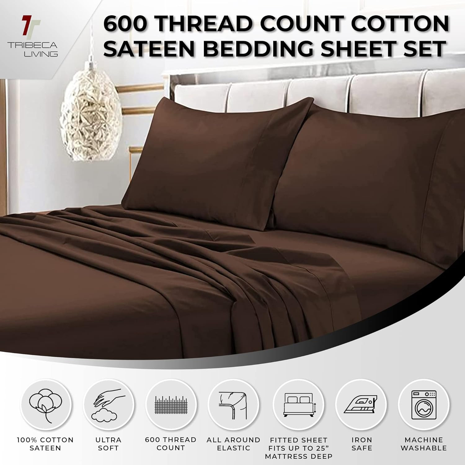 Bed Sheet Set, Soft Egyptian Cotton Sateen Solid Sheets and Pillowcase Set, Deep