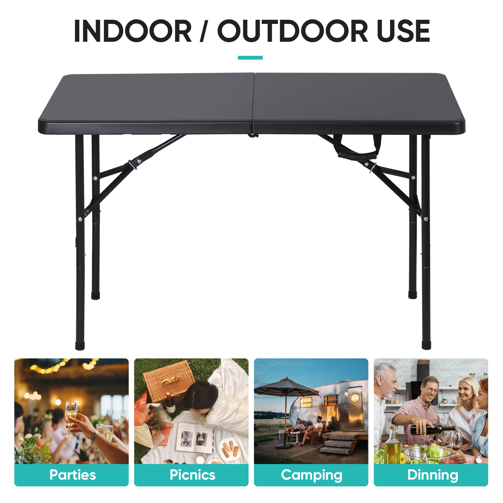 Folding Plastic Table 4' Outdoor Picnic Camping Table w/Handle Safety Lock Black