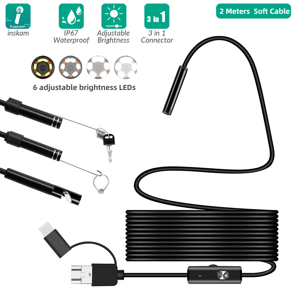 2M 6LED USB Snake Endoscope Borescope HD Inspection Camera For Android Type C