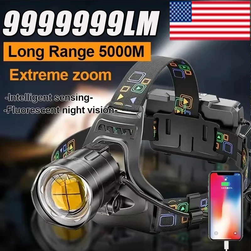 99999LM P100 LED Headlamp Powerful Headlight Zoomable Rechargeable Head Torch