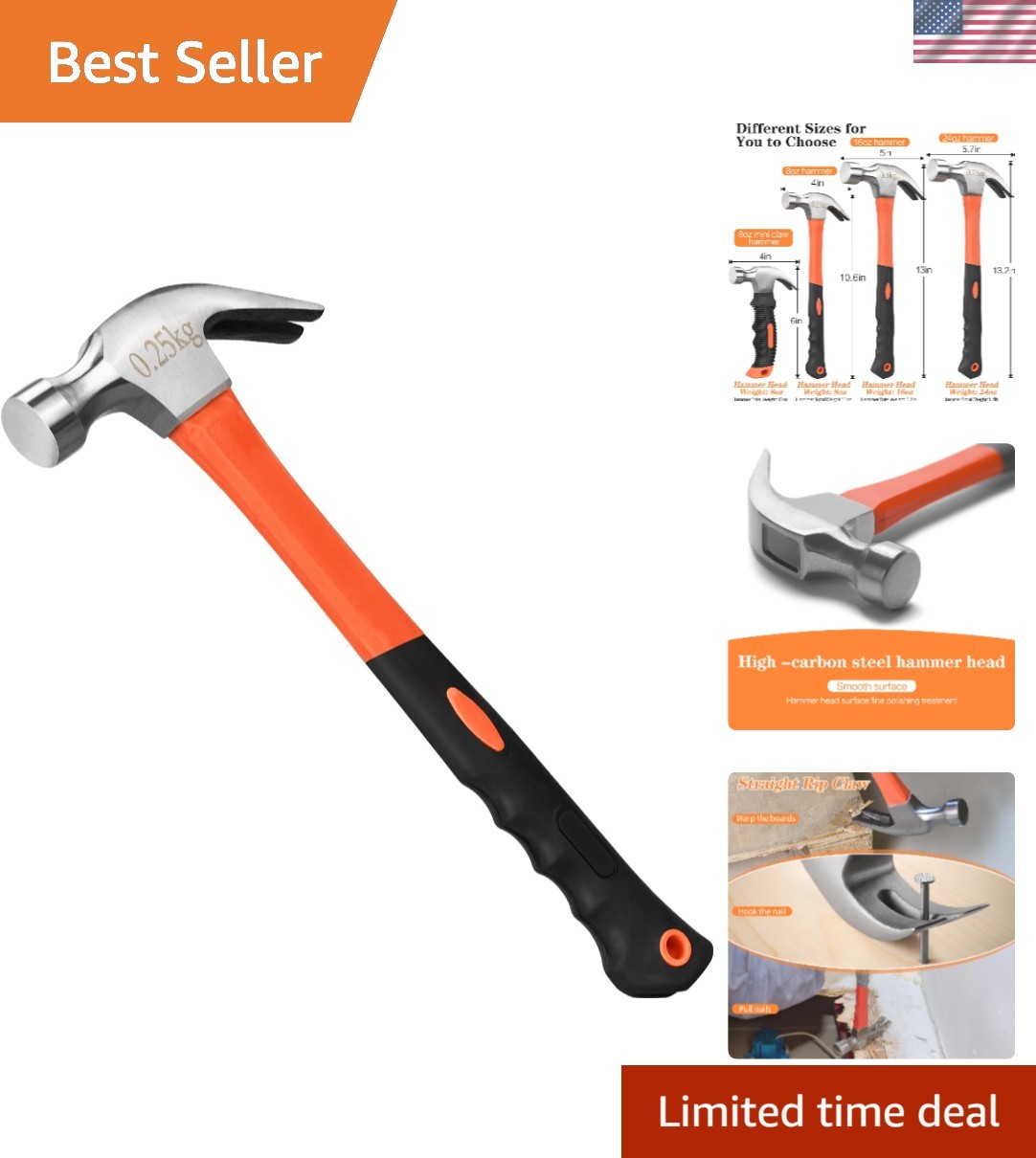 Versatile 8oz Claw Hammer with Smooth Face & Ergonomic Grip - Orange Finish