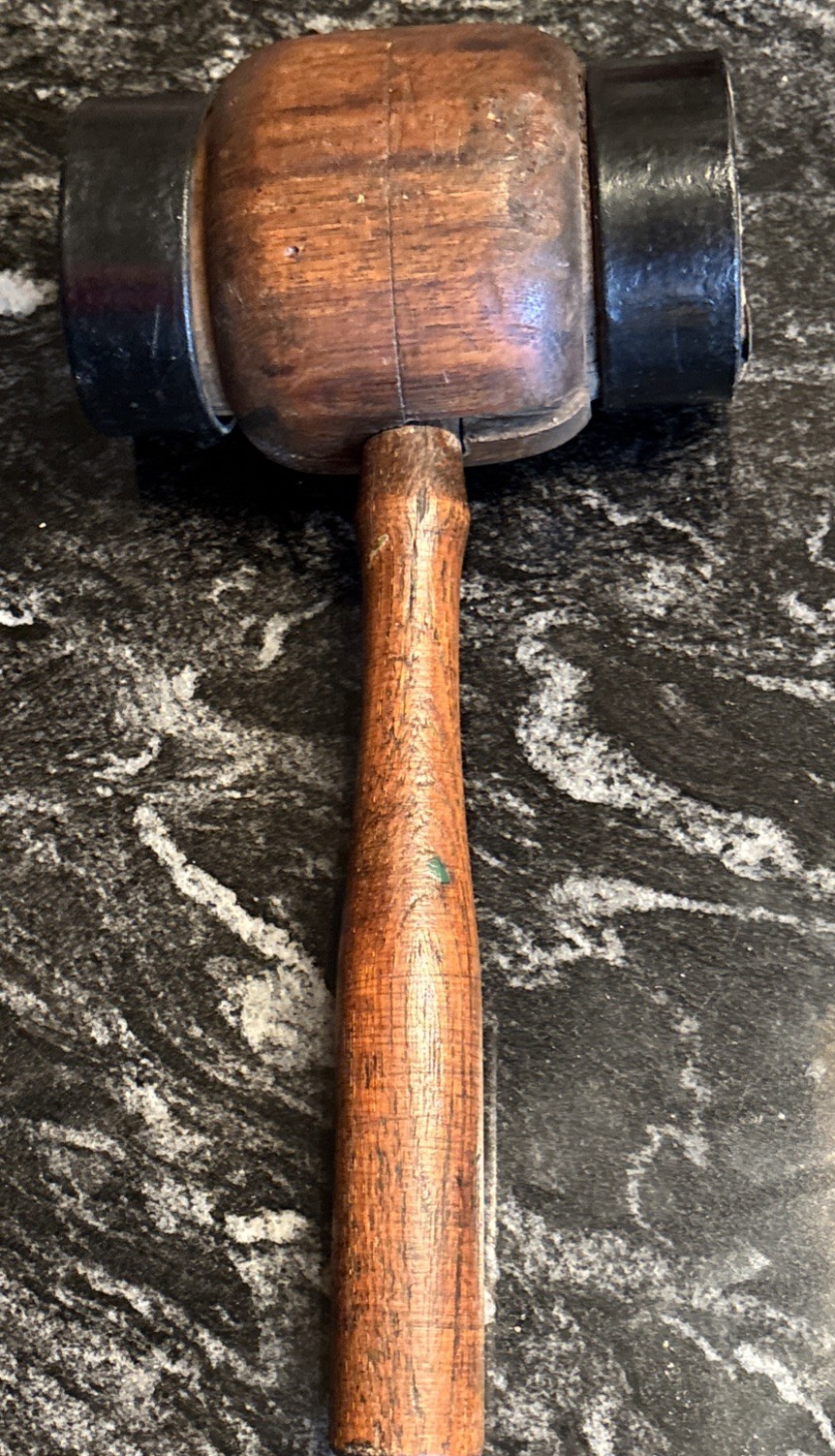 Antique Roundhead Wooden Mallet With Round Metal Rings Circa 1900