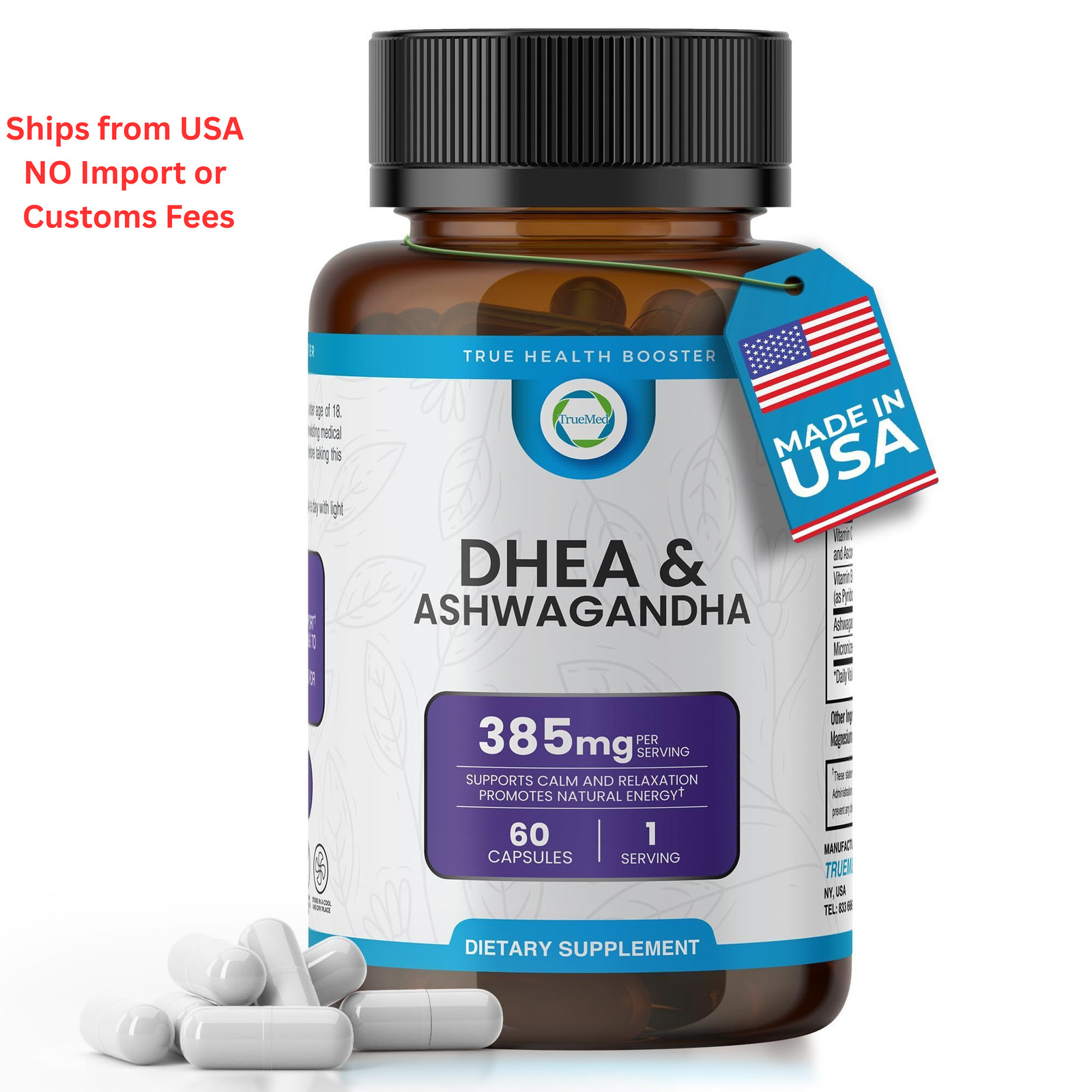 TRUEMED DHEA & Ashwagandha Supplement 385mg – 60 Count (Pack of 1)