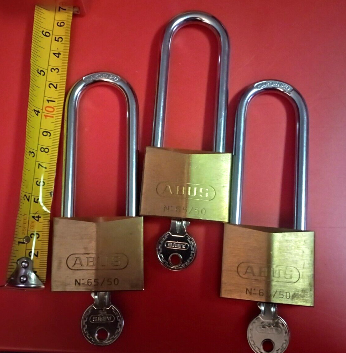 ((( 3 ))) ABUS 65/50 Solid Brass Padlock Hardened Long Shackle w/ 3 Keys LOT