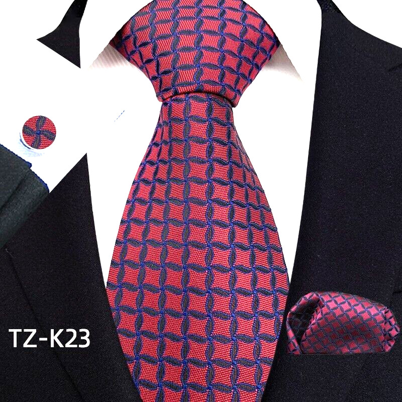 New Checks Plaids Blue Red Jacquard Silk Men's Tie Necktie Hanky Cufflink Set