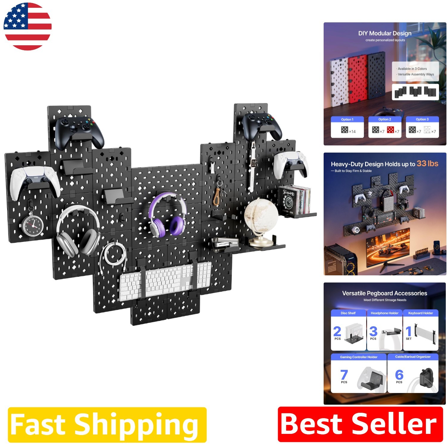 Modular Gaming Pegboard Organizer | 14pc Black Controller Headphone Wall Mount