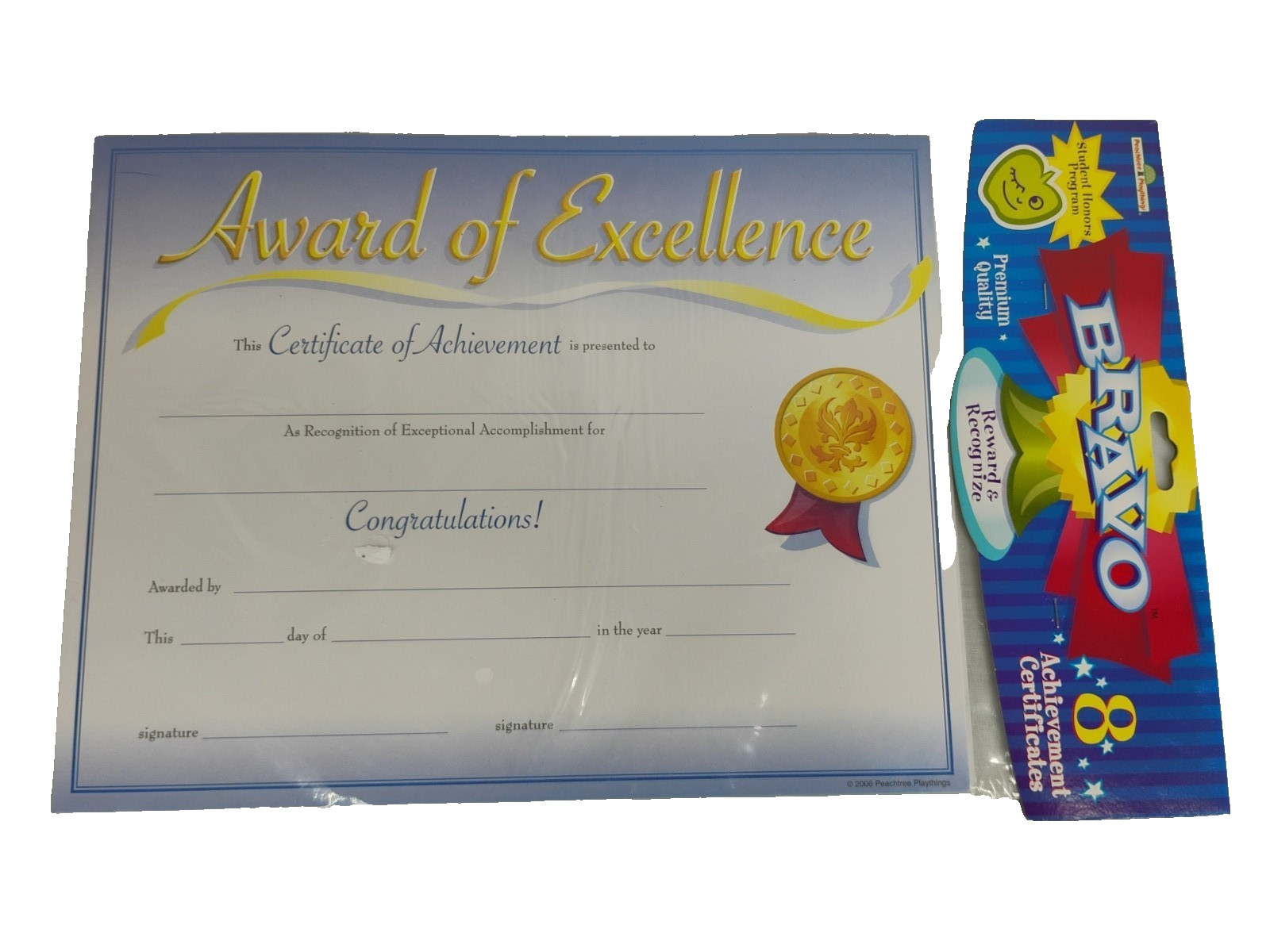 NIP 8 Peachtree Playthings Bravo Achievement Award Certificates School Teacher