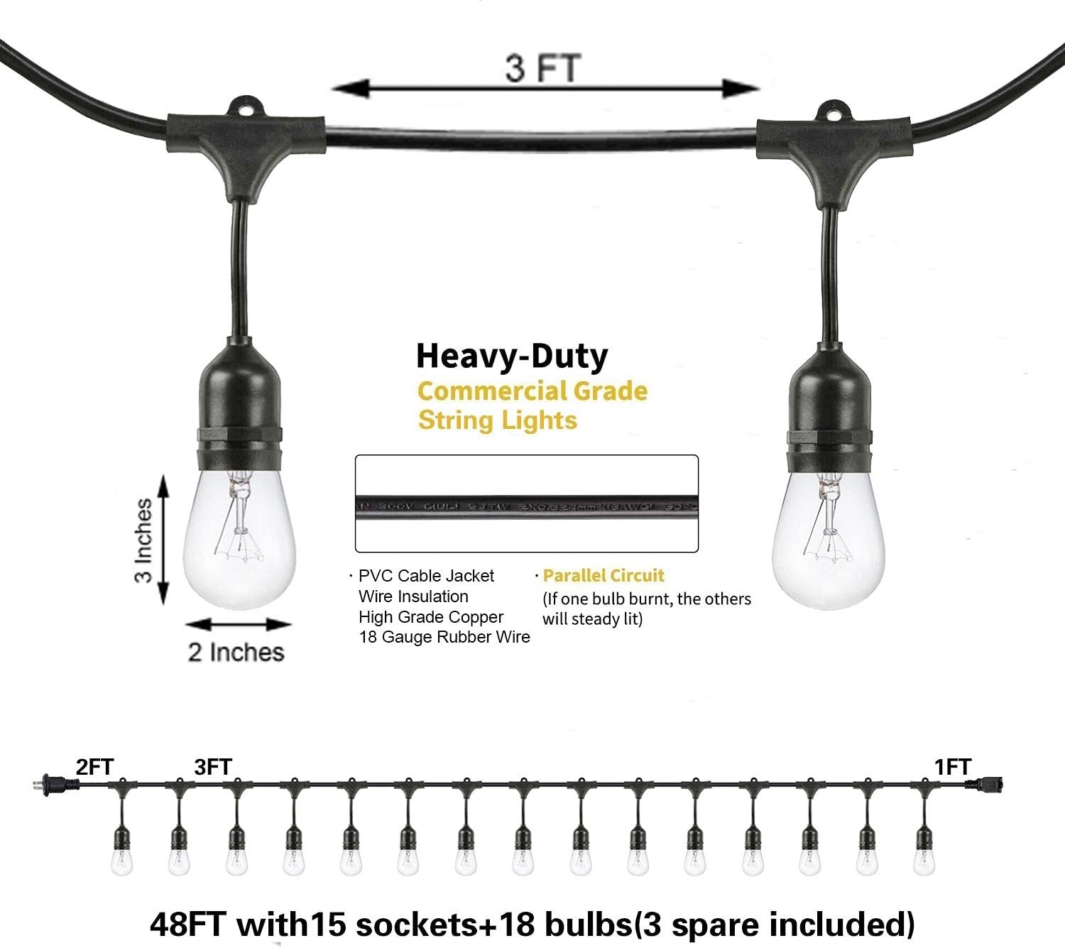 2 Pack 48FT Outdoor String Lights,Hanging Incandescent String Lights Commerci...