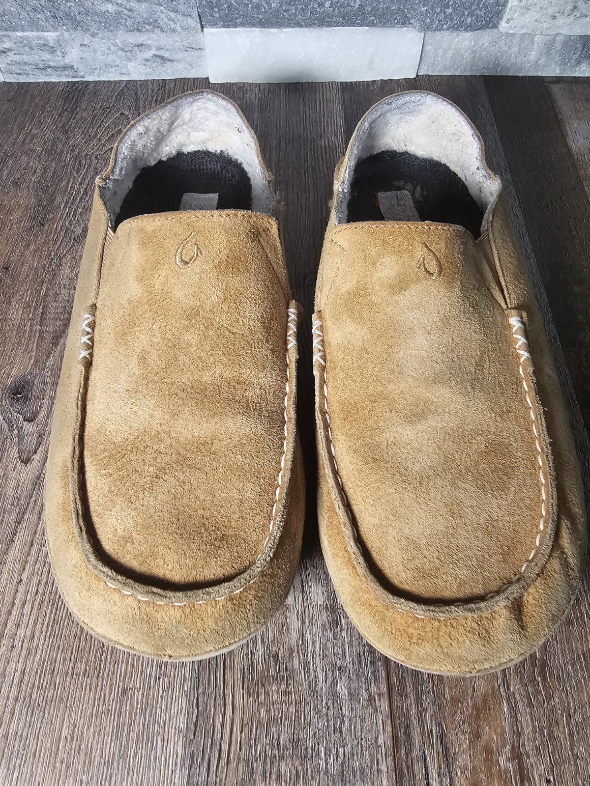 Olukai Men's Moloa Leather Slipper Wool Shearling Sz 8 Tan