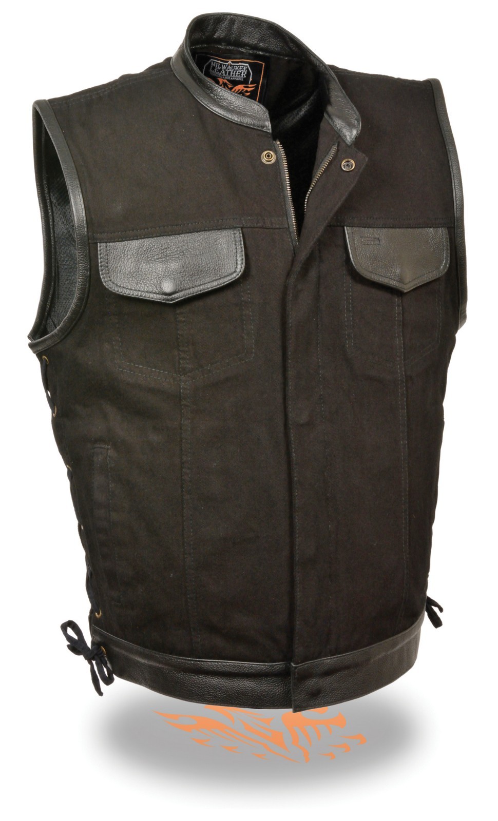 Men's SOA Side Lace Black Denim Vest w/ Leather Trim Zipper/Snap Closure MDM3011