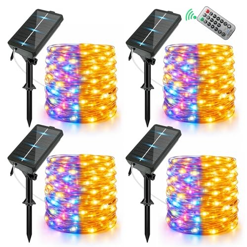 Solar Fairy String Lights Outdoor Remote Total 4 Pack Warm White + Multicolor
