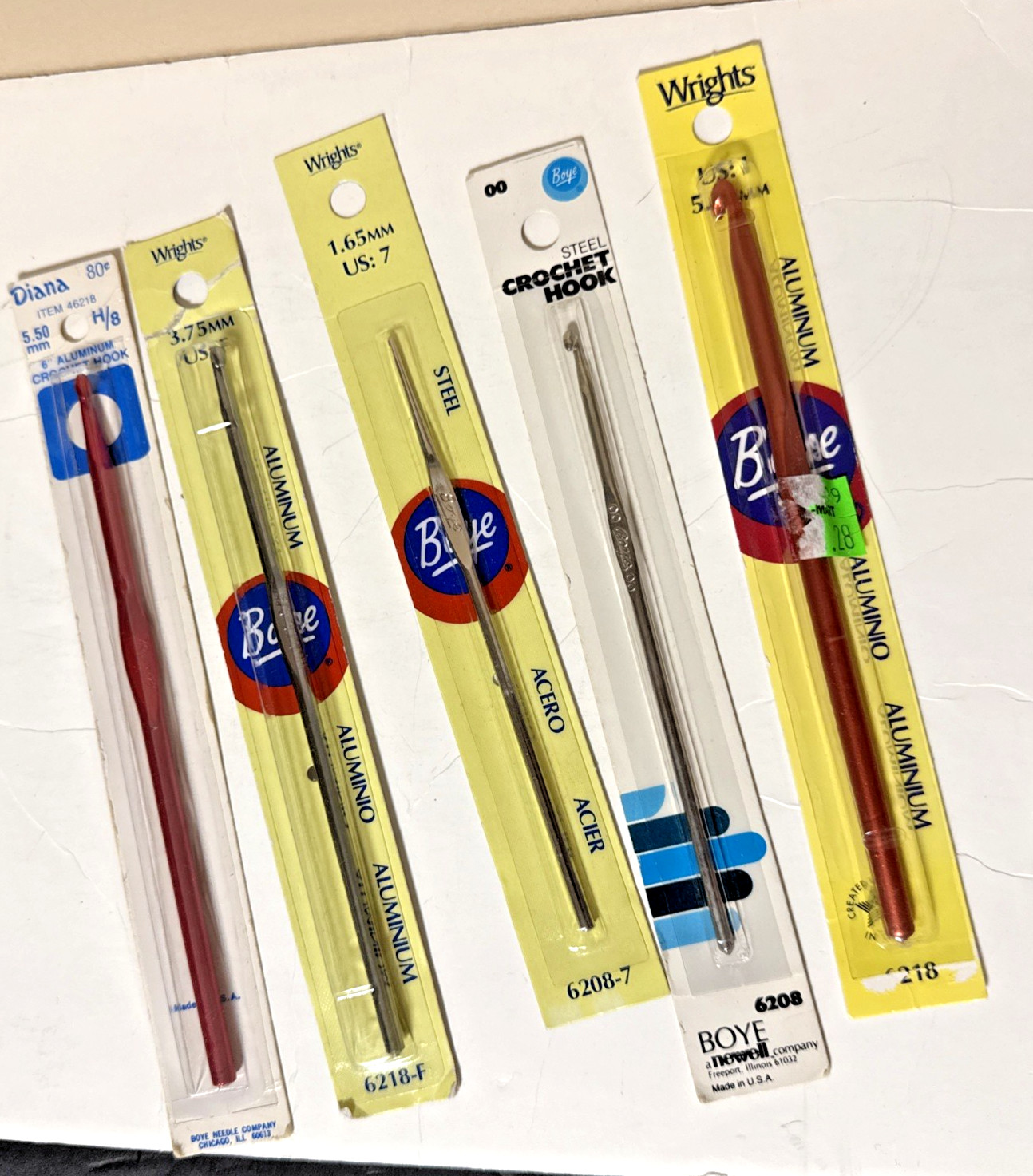 Vintage NOS Lot of 5 Aluminum Crochet Hooks H/8, 00, F, 7,  1 Diana Wrights Boye
