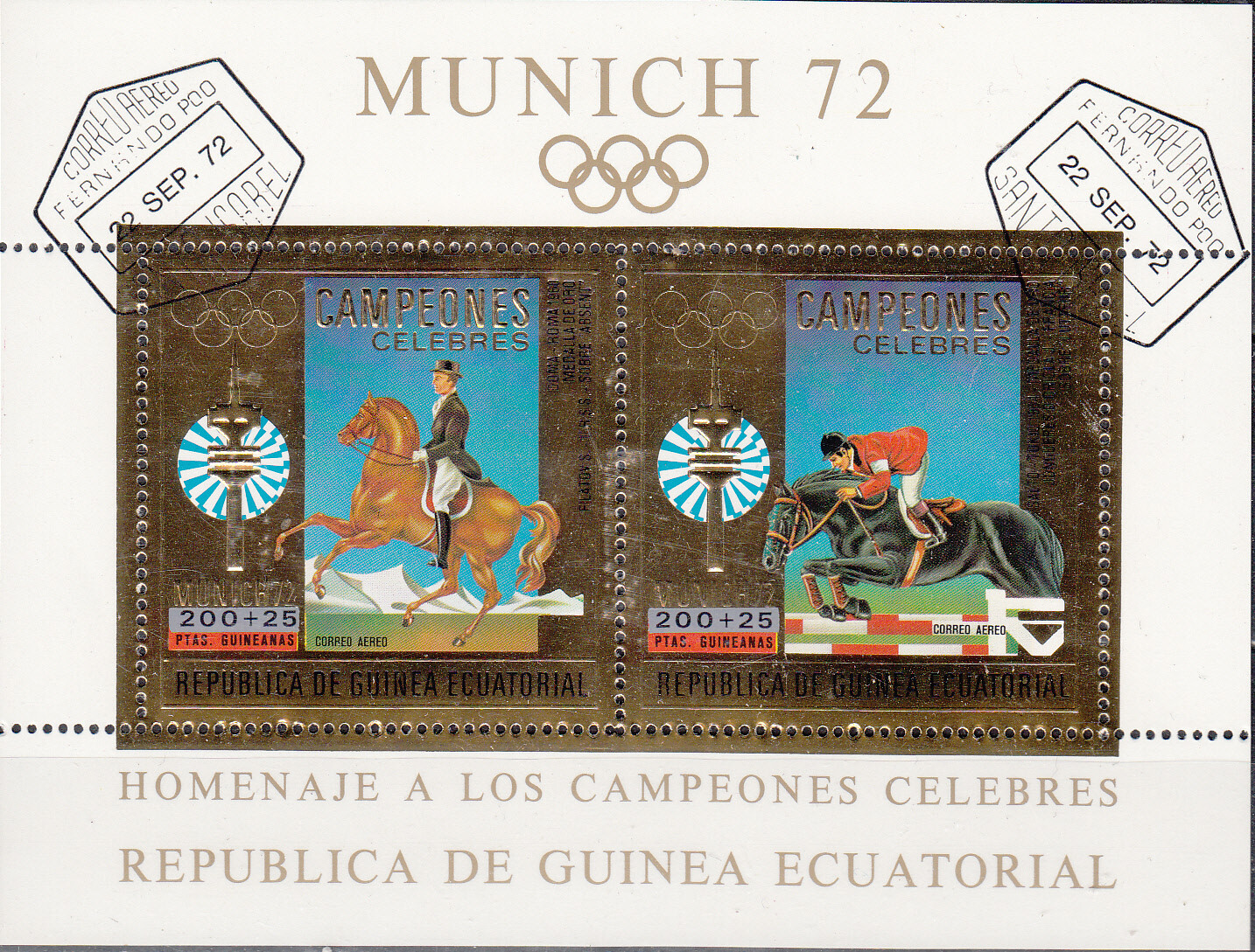 W EQUATORIAL GUINEA 0146-B29A U MUNICH OLYMPIC EQUESTRIAN PERF GOLD FOIL SS