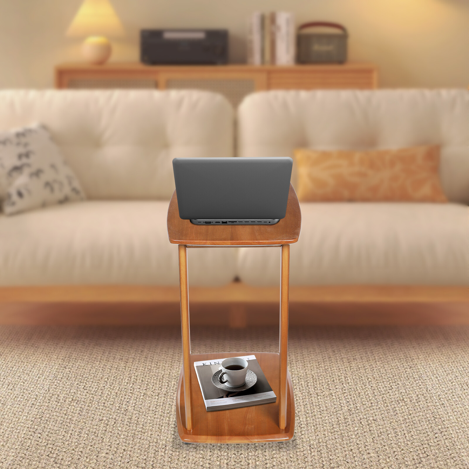 C-Shaped Side Table Floor Standing Solid Wood End Table With Wheels 24.8 inches