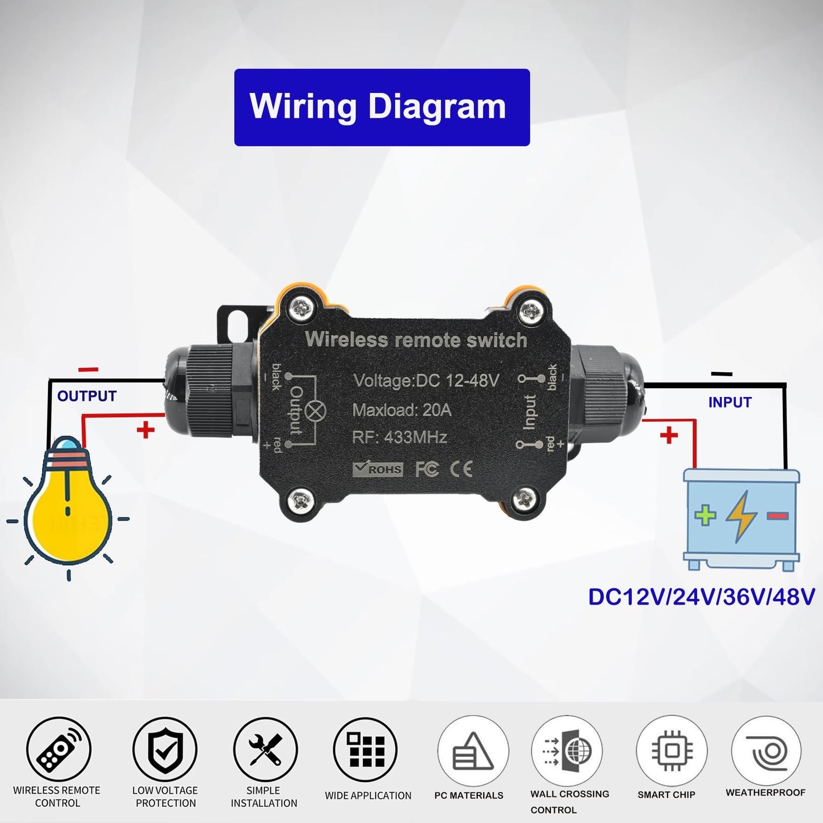 Remote Control Switch, DC12/24/48V Waterproof Wireless 433Mhz Transmitter Rec...