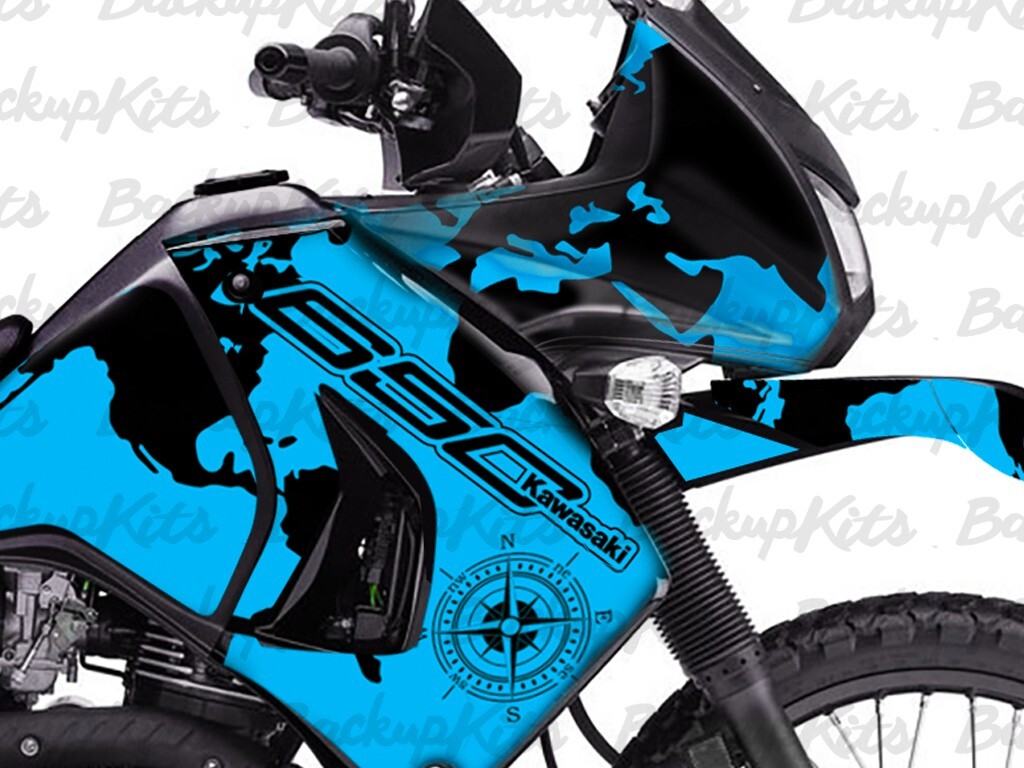 KAWASAKI KLR650 GRAPHICS KIT WORLD MAPS LIGHT BLUE FOR 2008 - 2018