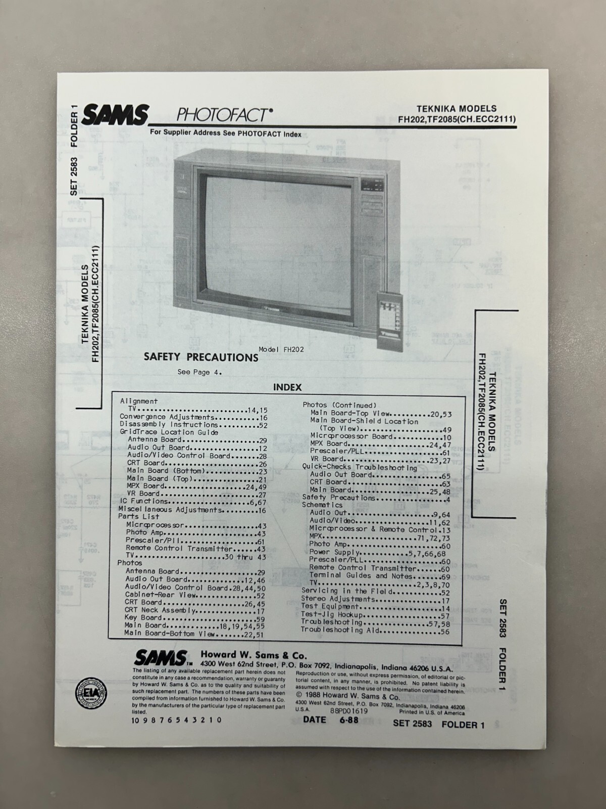 Teknika FH202 TF2085 Service Manual Sams Photofact Free Shipping