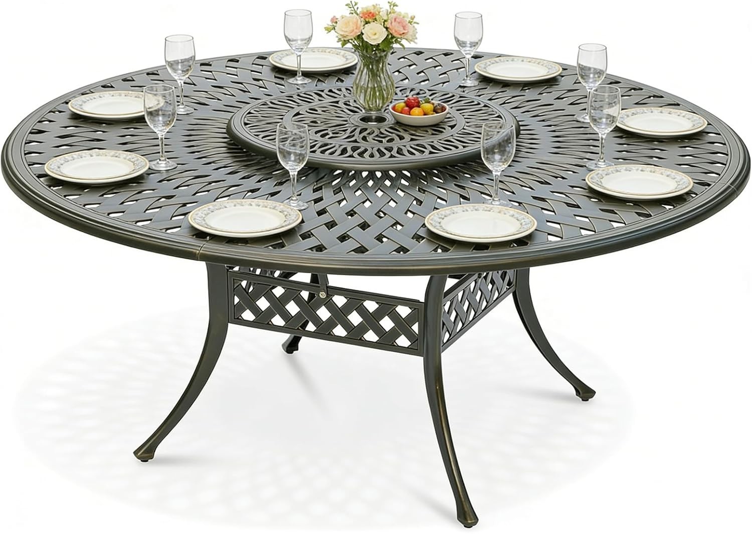 Outdoor 61" Round Patio Dining Table with Detachable Lazy Susan, Umbrella Hole