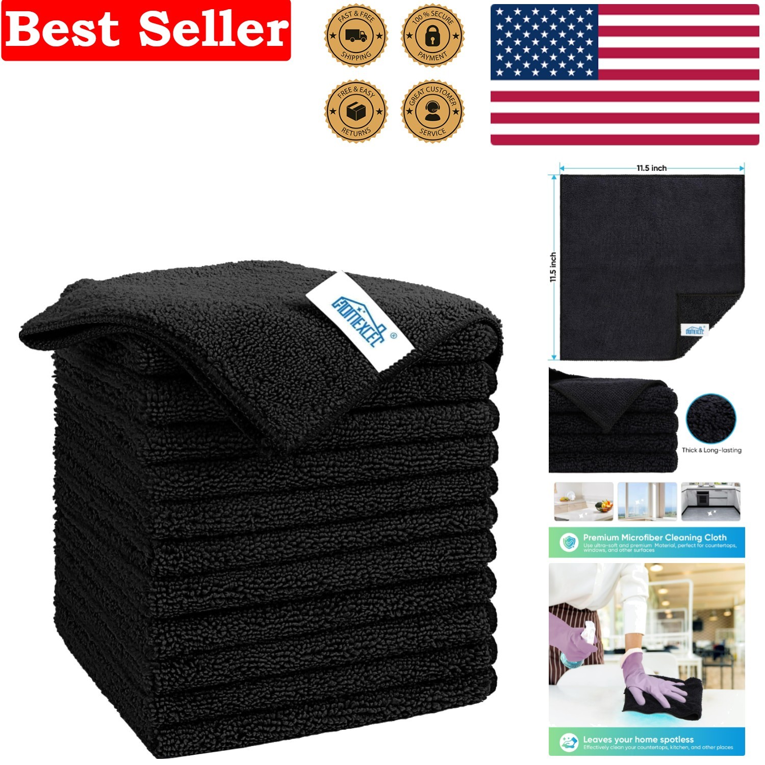 12 Pack  Microfiber Cleaning Towels - Lint & Scratch-Free, 11.5"x11.5"