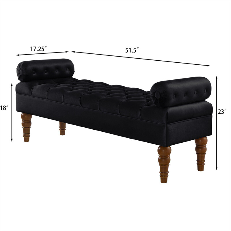 Black Velvet Upholstered Bed Bench with Tufted Button & Armrest Entryway Bench