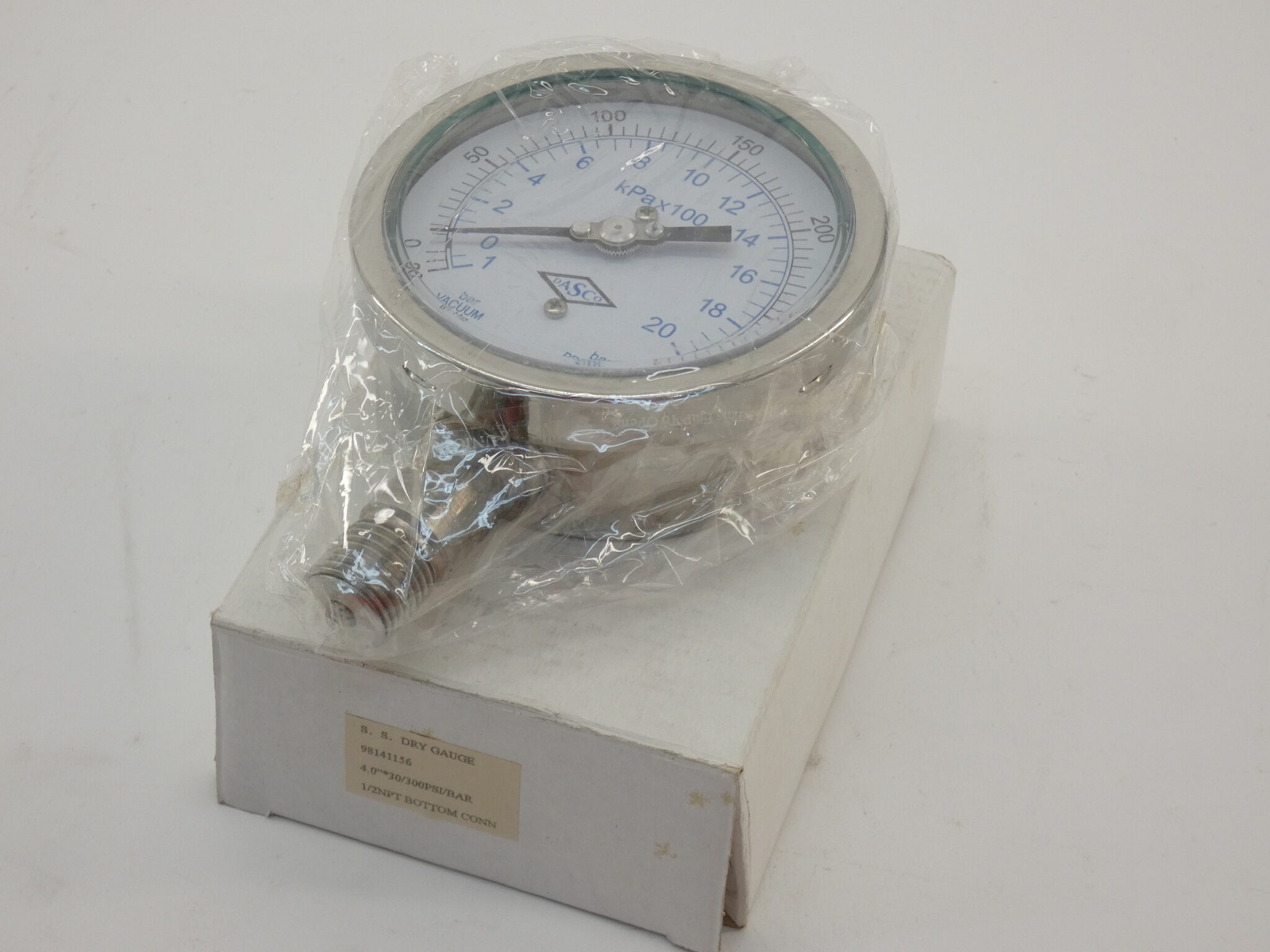 4" Dasco Pressure Gauge, -30HgVac-0-300PSI, Stainless Steel 4", 1/2" NPT Bott...