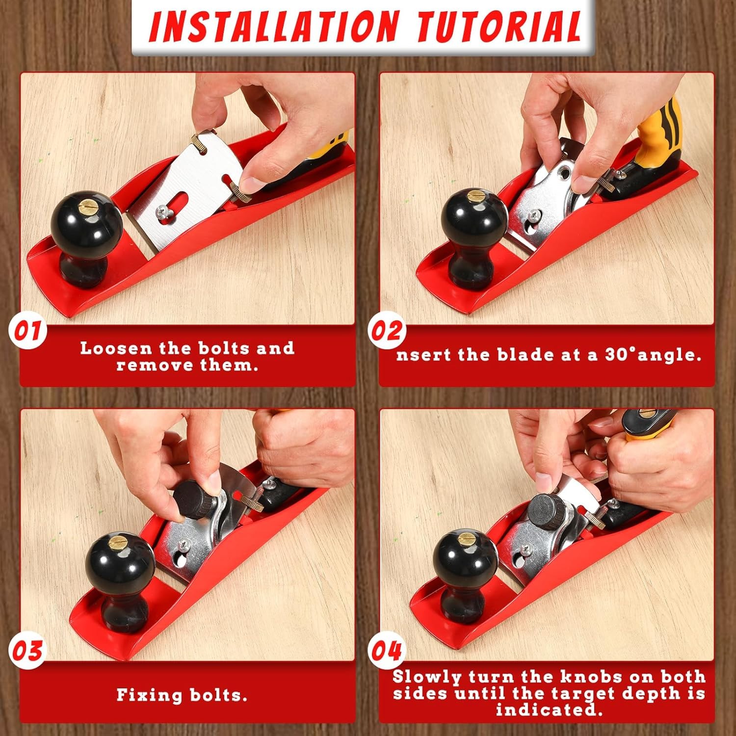 Hand Planer with 2 Inch Blade Adjustable Smoothing Wood Plane Universal Red
