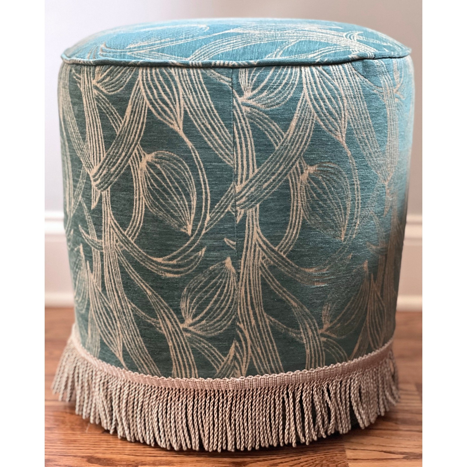 Gubi Pouffe Ottoman Round Stool Upholstered Mid Century Art Deco Fringe Trim 15”