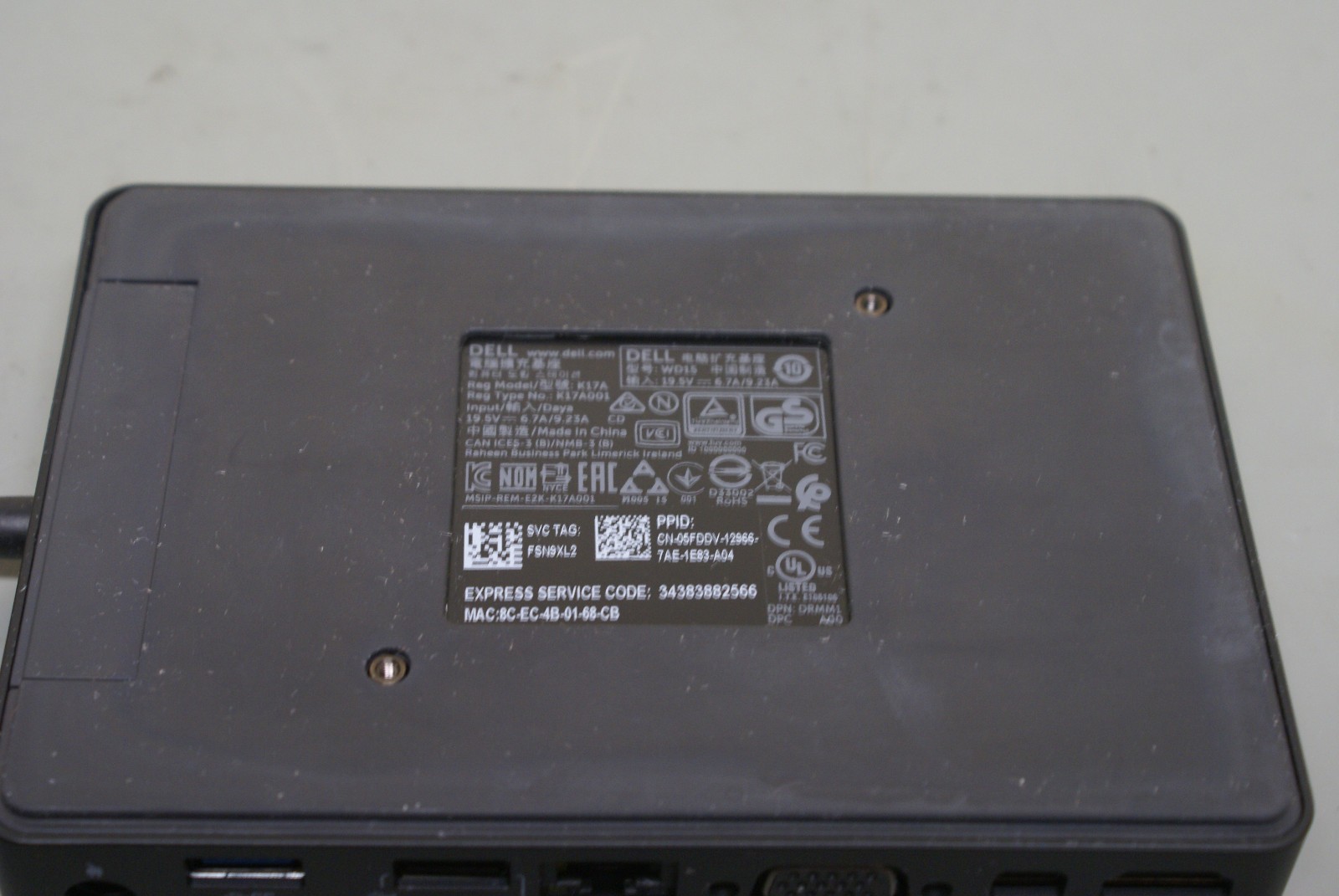 Dell WD15 K17A USB-C Docking Station 1D