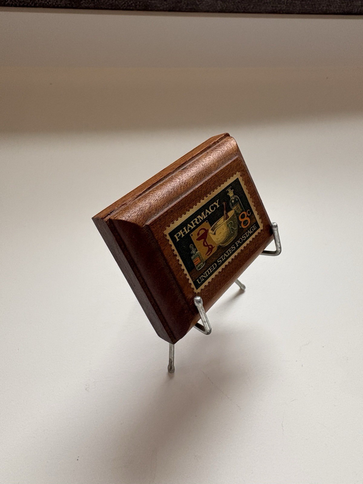 Handmade Framed 8 Cent U.S. Postage Stamp Pharmacy 1972 on miniature easel