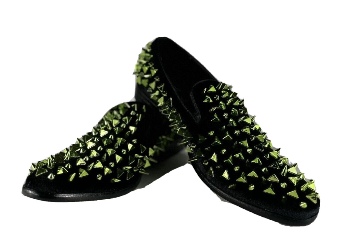 Amali Men's Dress Slip-on Shoes Green Black Velvet Spikes Apache Sizes 8.5 - 13