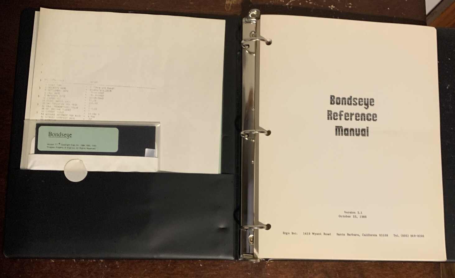 Vintage Bondseye Software Reference Manual W/5.25” Floppy Disk Version 2.1 1986