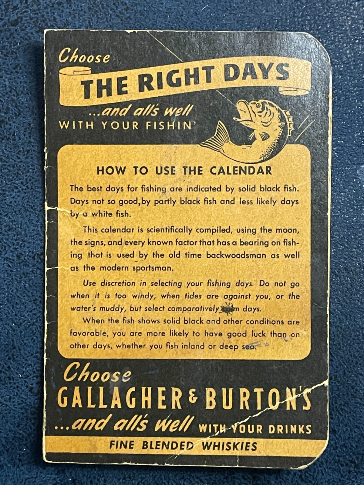 Old 1947 Gallagher & Burton's Whisky Promotional Fishing Calendar Pocket Guide