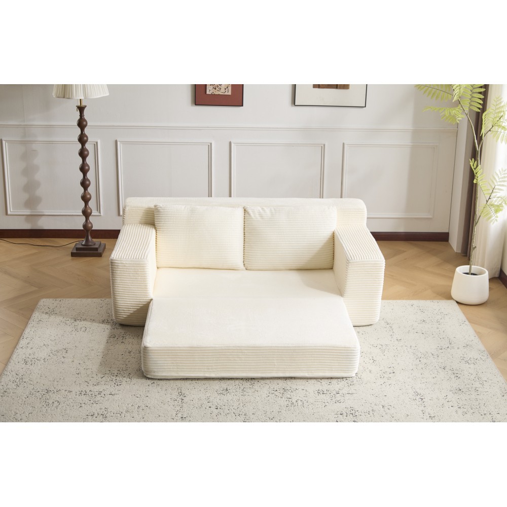 Modern Loveseat Sofa Bed w/Reversible Cushion & Pillows, White Corduroy